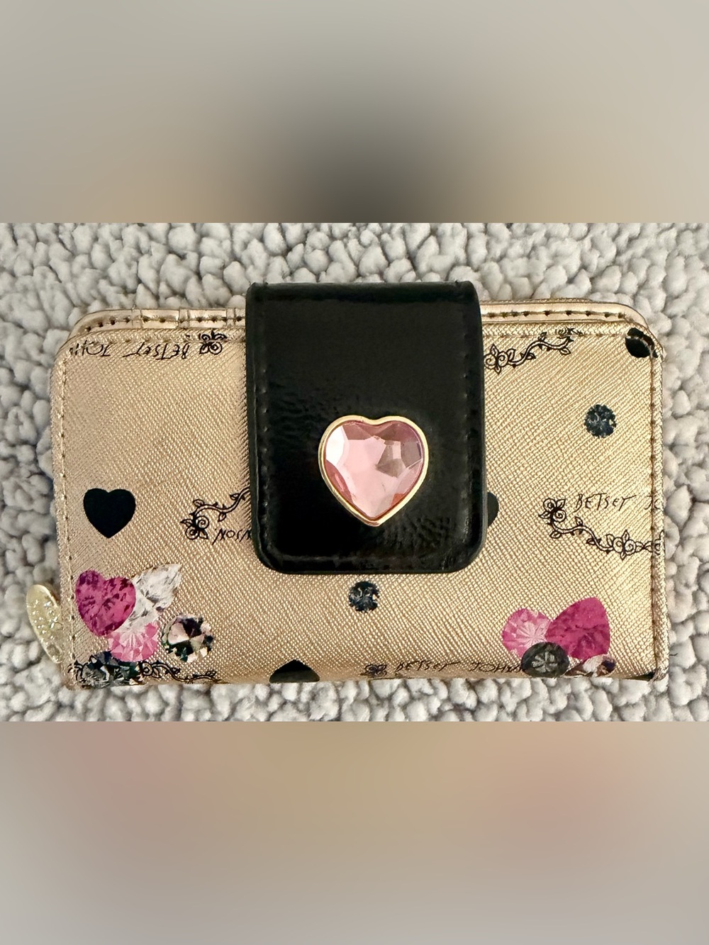 Betsey Johnson Gold-tone Wallet with Black Strap and Pink Heart Gem
